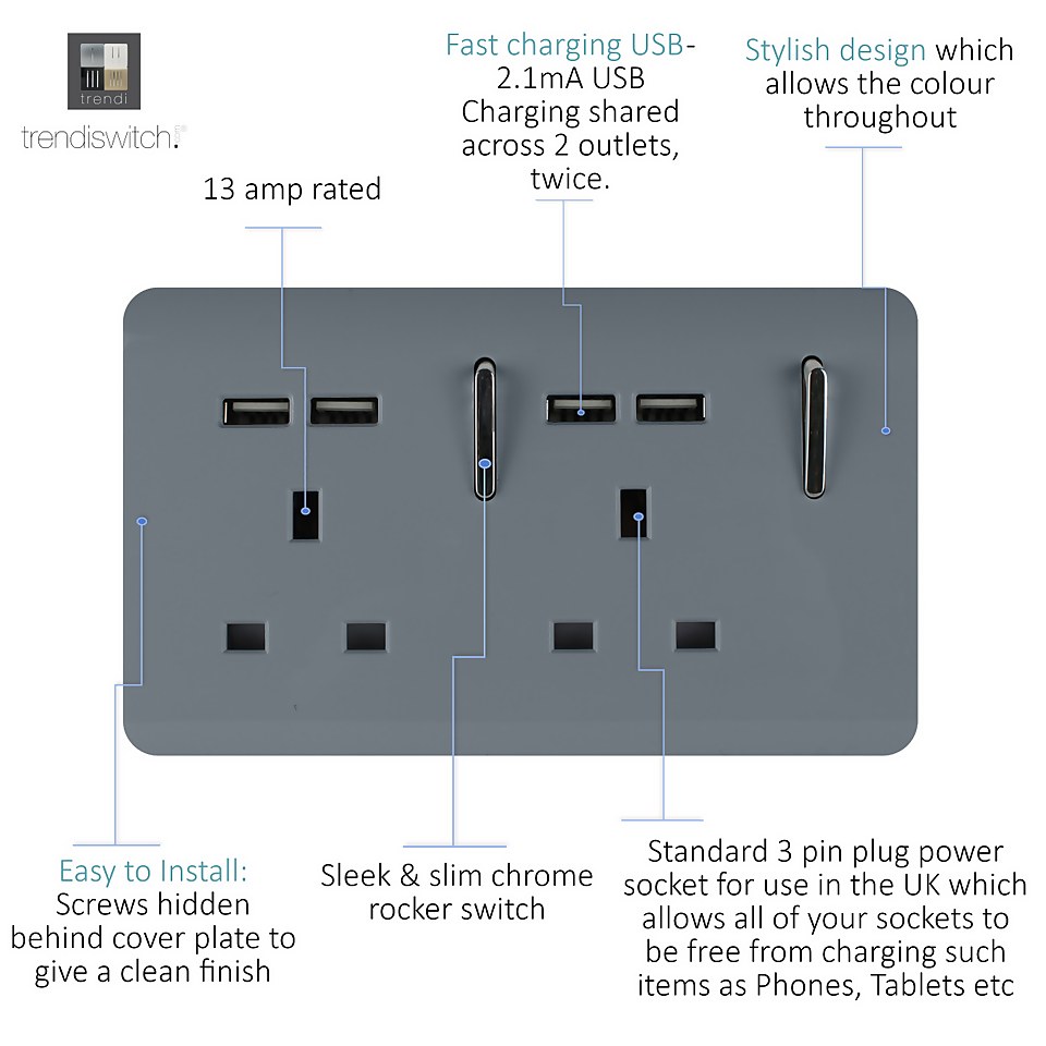 Trendi Switch 2 Gang 13Amp Socket (inc. USB ports) in Warm Grey