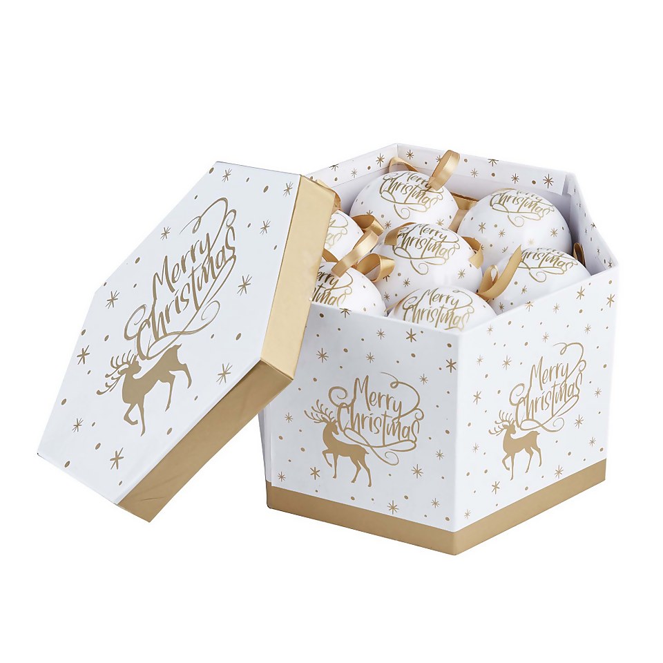 Decoupage Gold and White Christmas Tree Baubles Boxed - Pack of 14