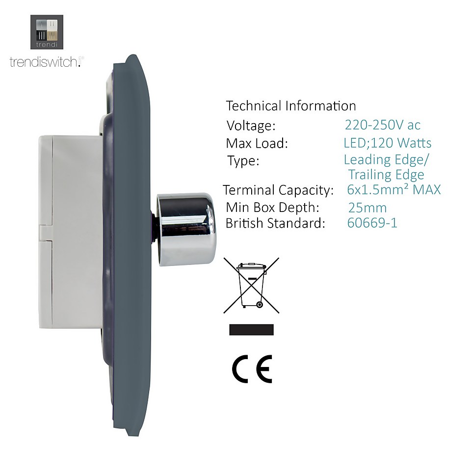 Trendi Switch 1 Gang 120 Watt LED Dimmer Switch in Warm Grey