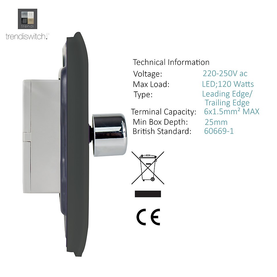 Trendi Switch 1 Gang 120 Watt LED Dimmer Switch in Charcoal