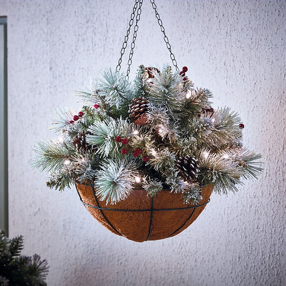 Pre-lit Snowy Christmas Hanging Basket (Battery Operated)