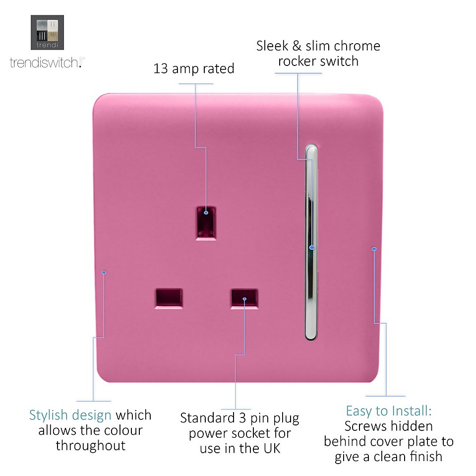 Trendi Switch 1 Gang 13Amp Switched Socket in Pink