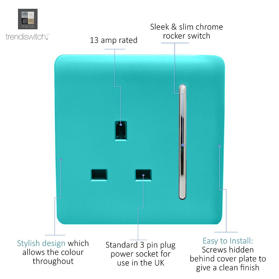 Trendi Switch 1 Gang 13Amp Switched Socket in Bright Teal