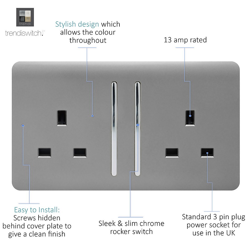 Trendi Switch 2 Gang 13Amp Long Switched Socket in Light Grey
