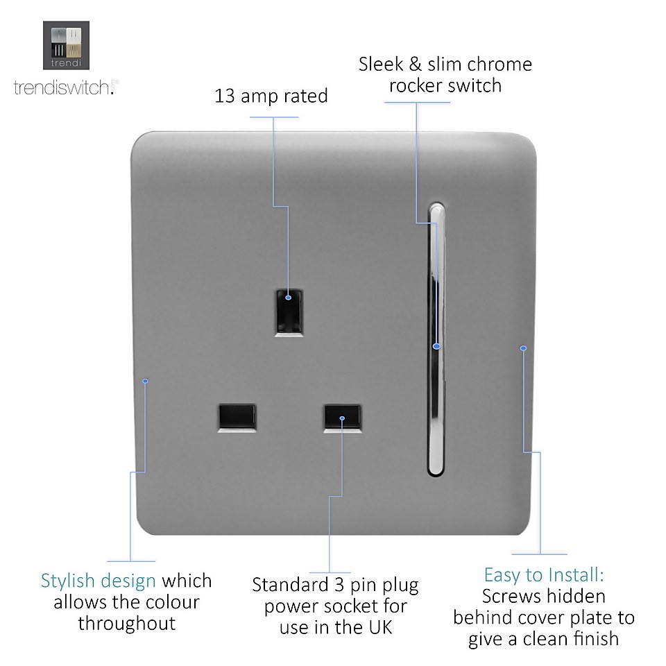 Trendi Switch 1 Gang 13Amp Switched Socket in Light Grey Homebase