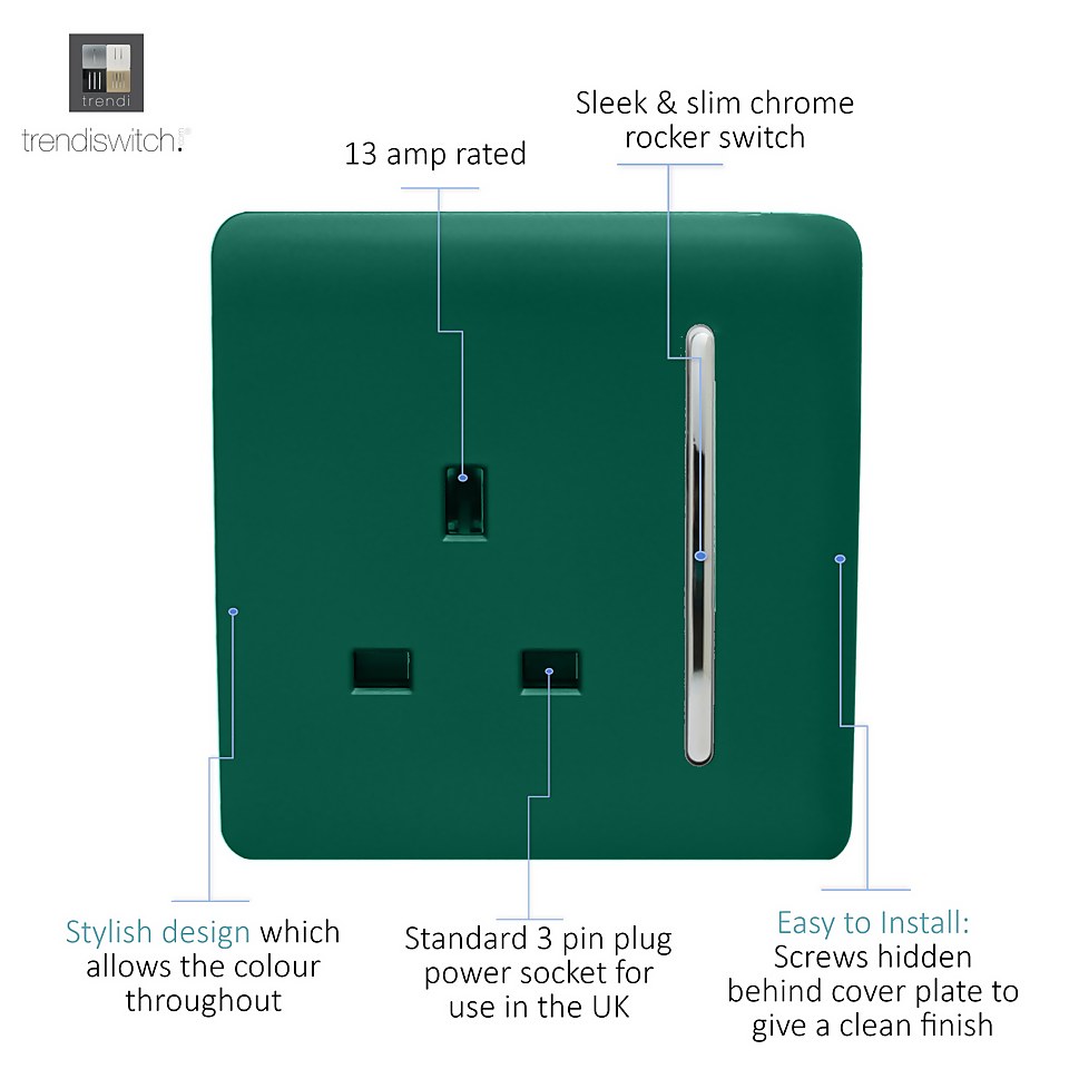 Trendi Switch 1 Gang 13Amp Switched Socket in Dark Green