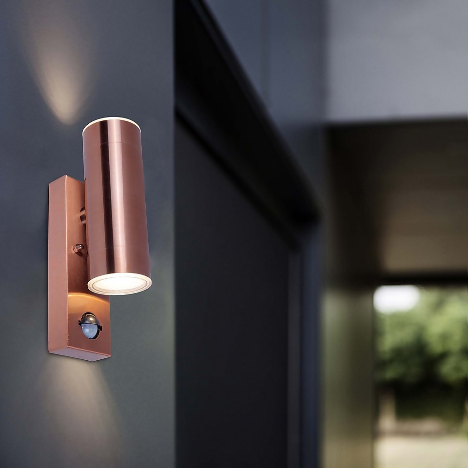 Lutec Rado Up & Down Outdoor Wall Light with PIR Motion Sensor - Copper