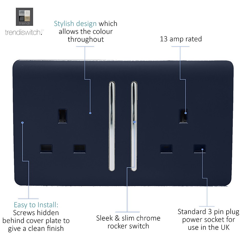 Trendi Switch 2 Gang 13Amp Long Switched Socket in Navy