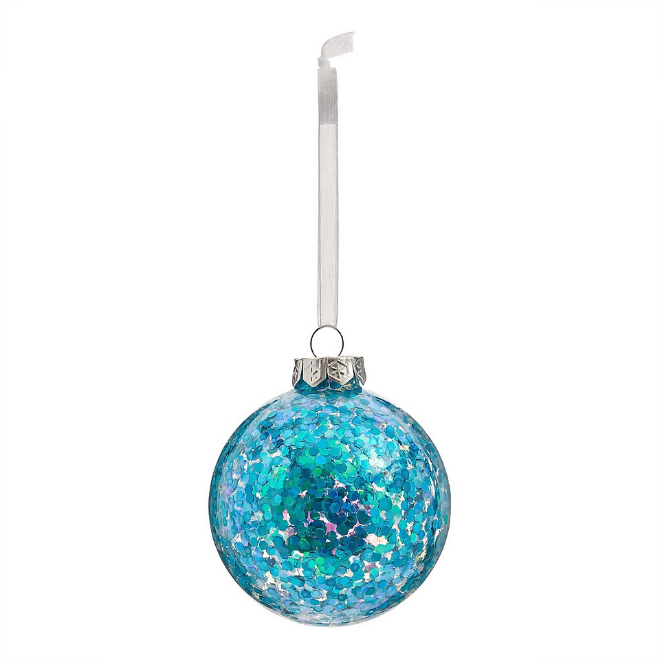 Turquoise Sequin Glass Christmas Tree Bauble