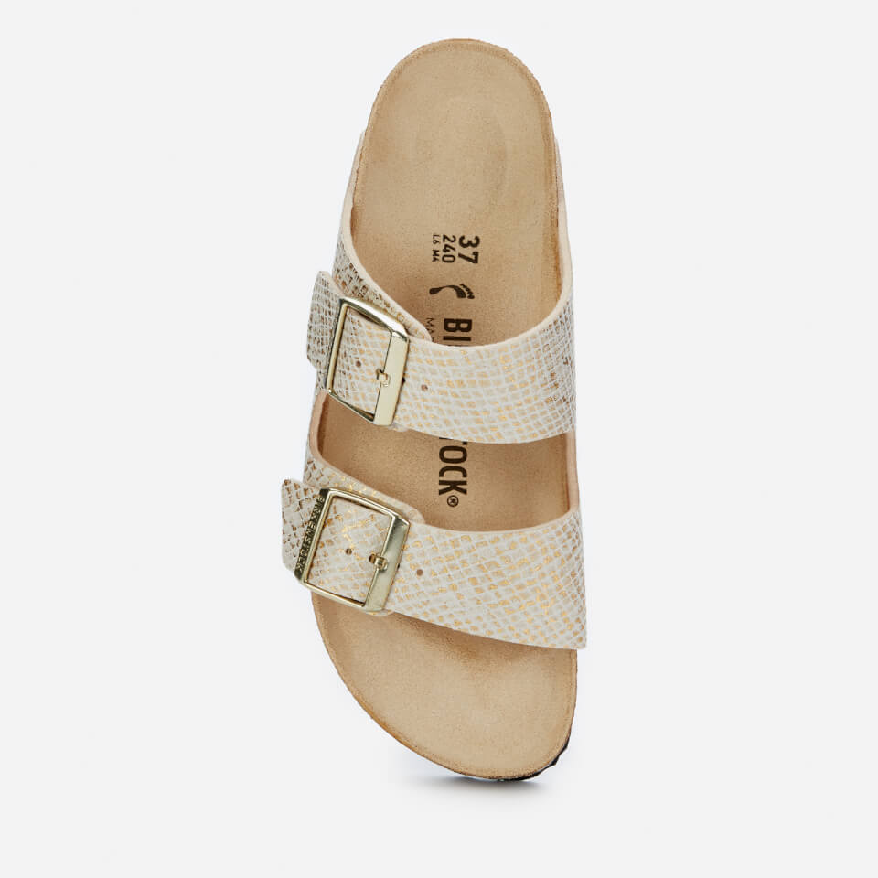 Birkenstock Women's Shiny Python Arizona Slim Fit Double Strap Sandals - Eggshell/Gold