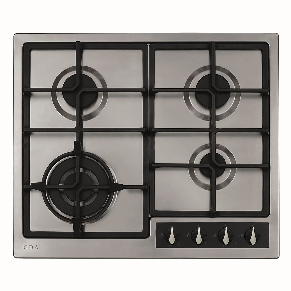 CDA HG6351BL 4 Burner Gas Hob with Front Controls and Wok Burner - 60cm - Stainless Steel