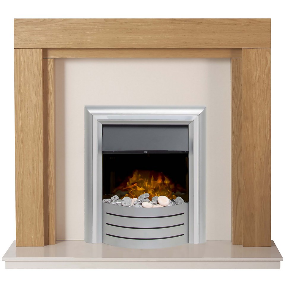 Adam Fenwick Fireplace Surround & Lynx Electric Fire with Downlights & Inset Fitting - Oak, Beige Marble & Chrome