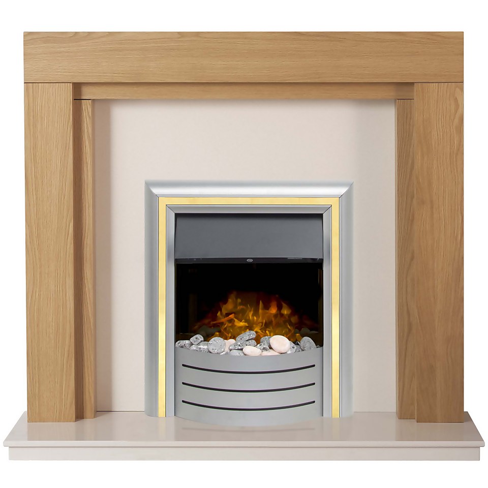Adam Fenwick Fireplace Surround & Lynx Electric Fire with Downlights & Inset Fitting - Oak, Beige Marble & Chrome