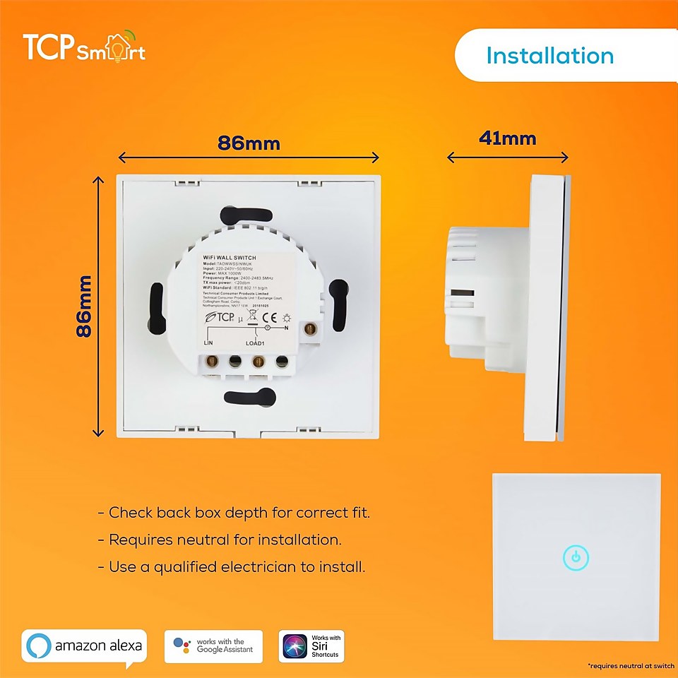 TCP Smart Wifi Wall Switch Single White Uk