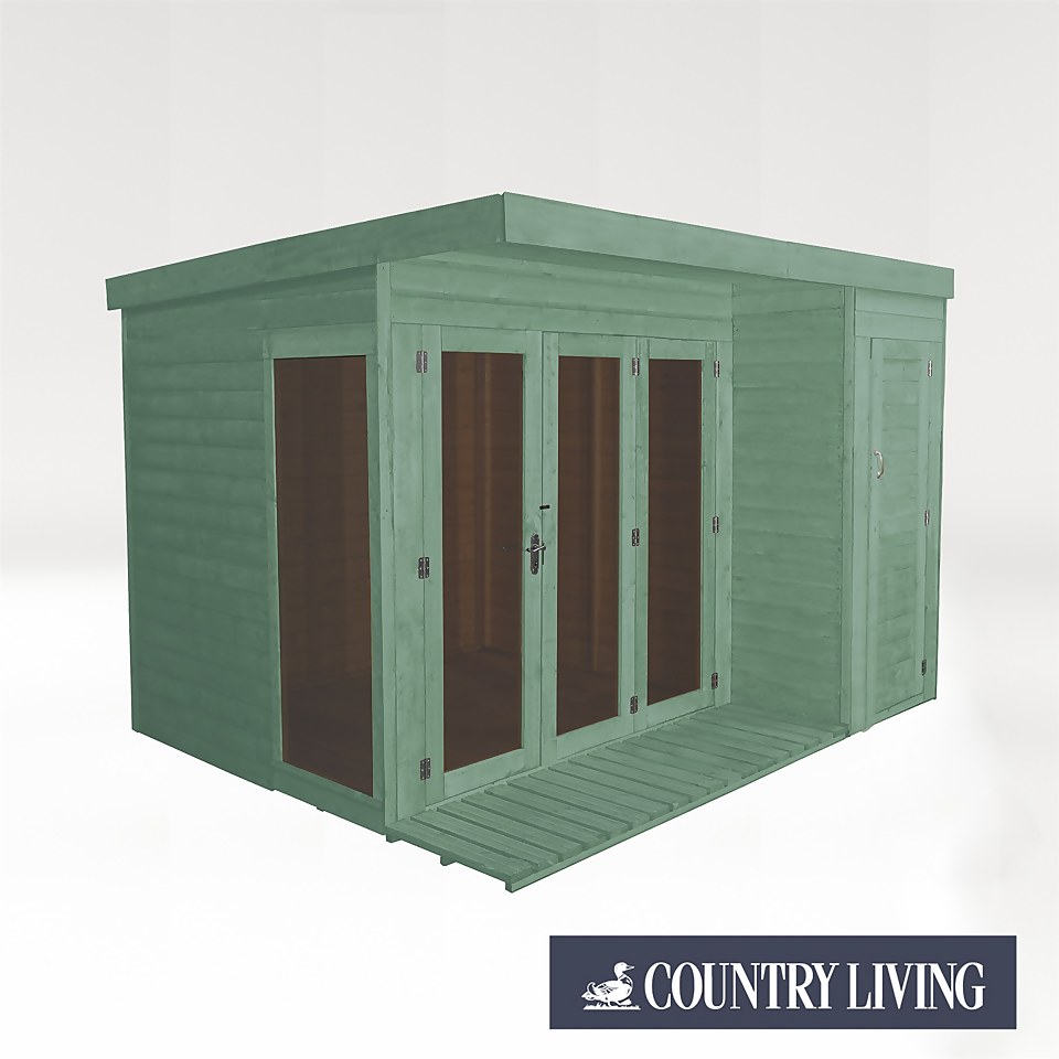 Country Living Overton 10 x 8ft Premium Garden Room Summerhouse With Side Shed Painted + Installation - Aurora Green