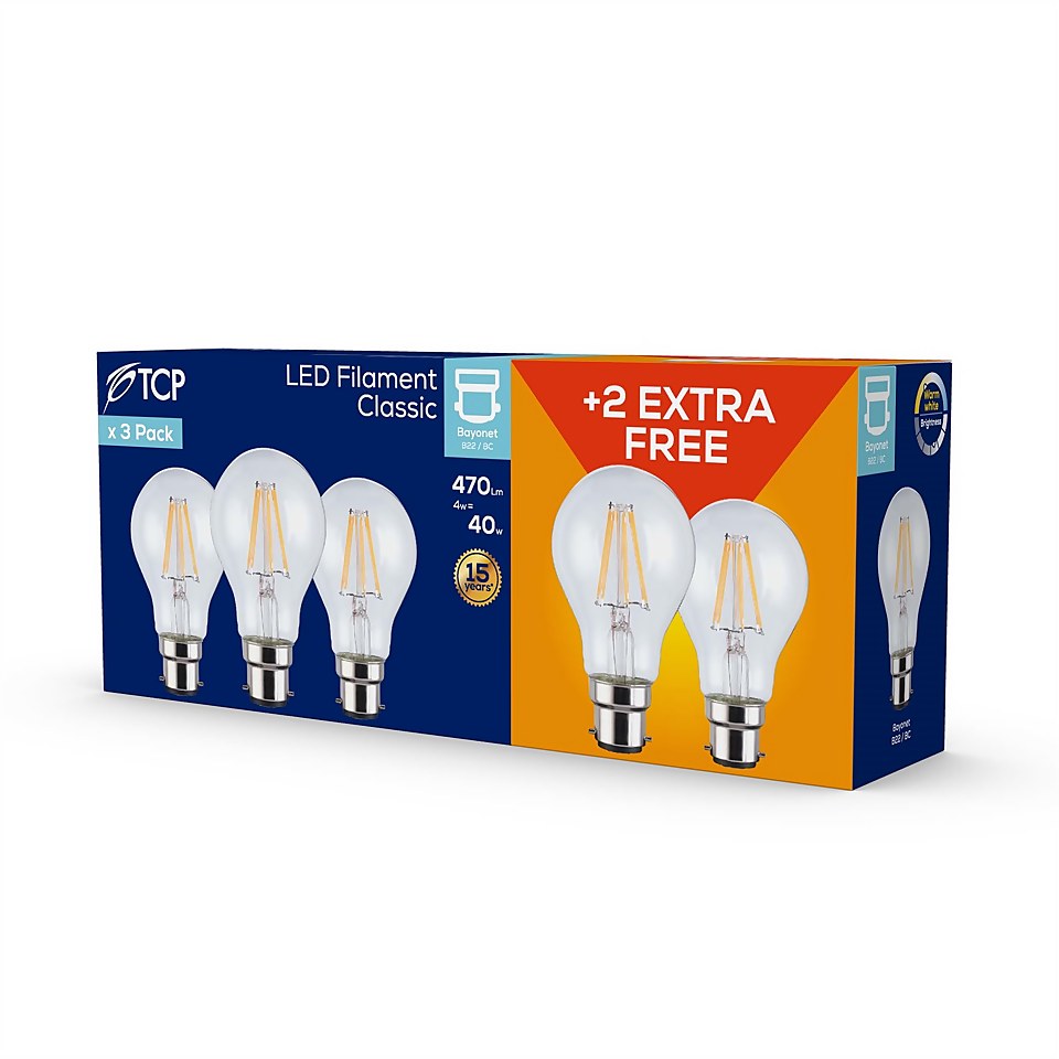 TCP Lightbulbs Filament Classsic BC 470Lm Warm 5 pack