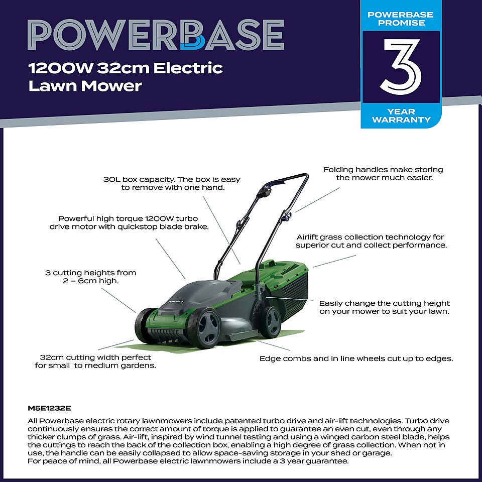 Powerbase 1200W Electric Lawn Mower - 32cm
