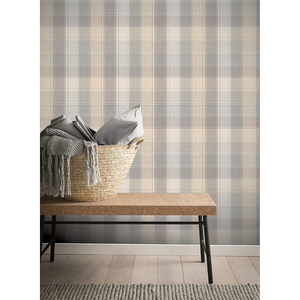 Arthouse Country Check Tartan Smooth Grey and Yellow Wallpaper