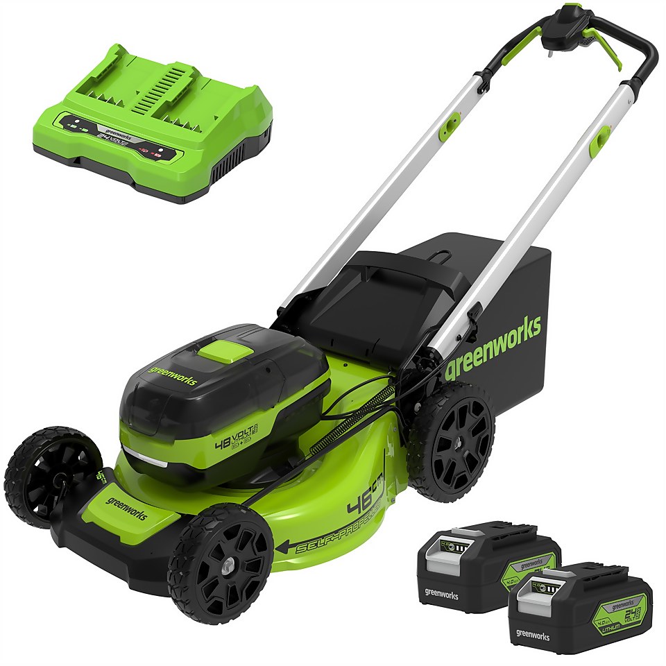 48v 46cm Self Propelled Lawnmower with Two 24v 4Ah batteries & 2A Dual Charger