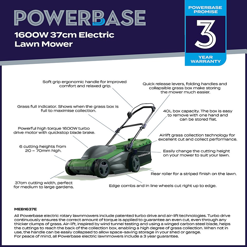 Powerbase 1600W Electric Lawn Mower - 37cm