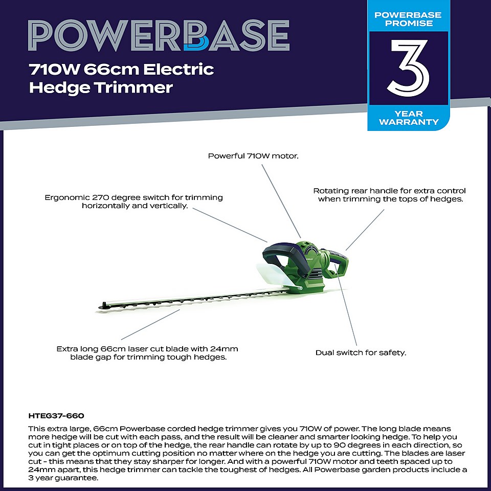 Powerbase 710W Electric Hedge Trimmer - 66cm