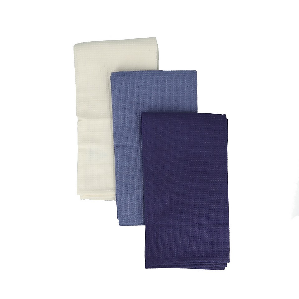 KitchenCraft Cotton Waffle Tea Towels Blues Homebase