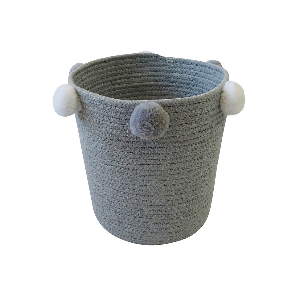 Round Cotton Rope Grey Pom Pom Basket