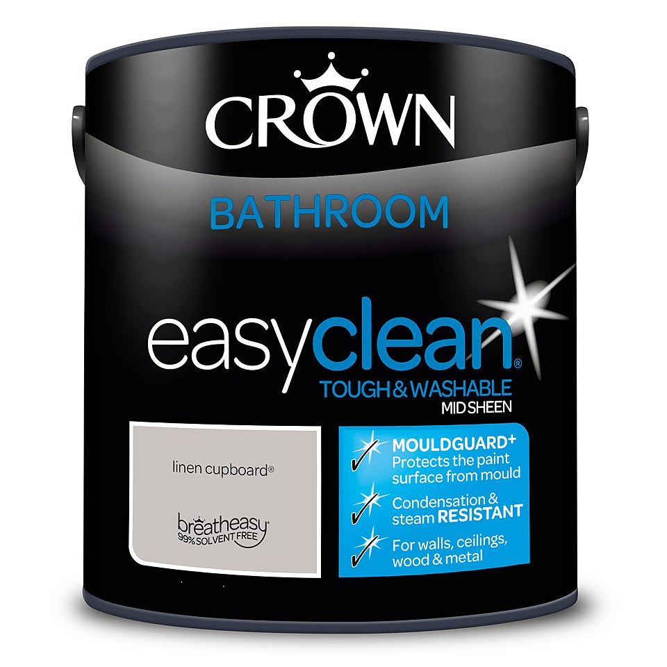 Crown Easyclean Mouldguard+ Bathroom Mid Sheen Washable Multi Surface Paint  Linen Cupboard® - 2.5L