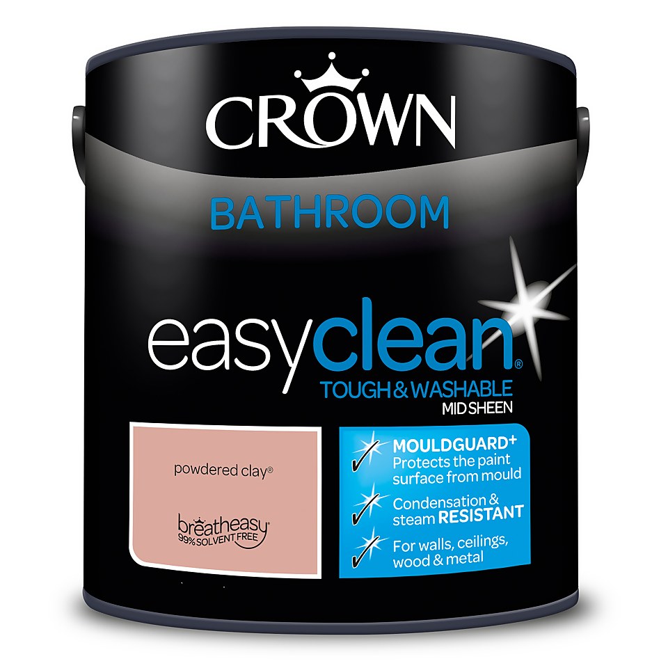 Crown Easyclean Mouldguard+ Bathroom Mid Sheen Washable Multi Surface Paint  Powdered Clay® - 2.5L