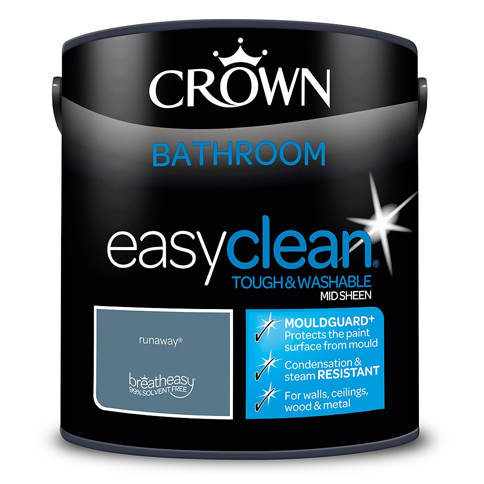 Crown Easyclean Mouldguard+ Bathroom Mid Sheen Washable Multi Surface Paint  Runaway - 2.5L