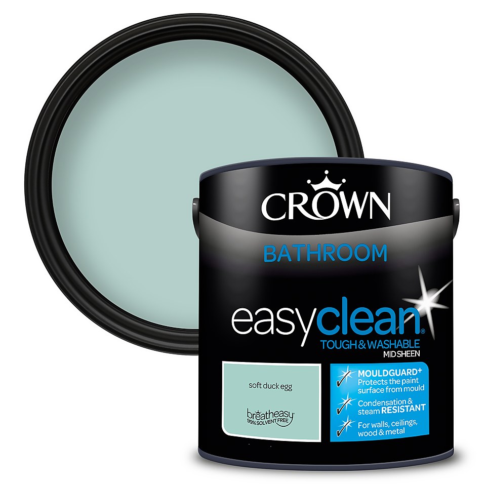 Crown Easyclean Mouldguard+ Bathroom Mid Sheen Washable Multi Surface Paint  Soft Duck Egg® - 2.5 L