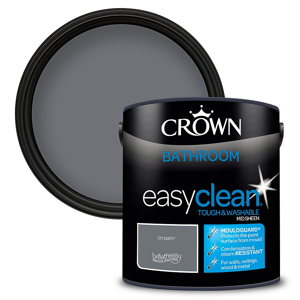 Crown Easyclean Mouldguard+ Bathroom Mid Sheen Washable Multi Surface Paint  Tin Bath® - 2.5L