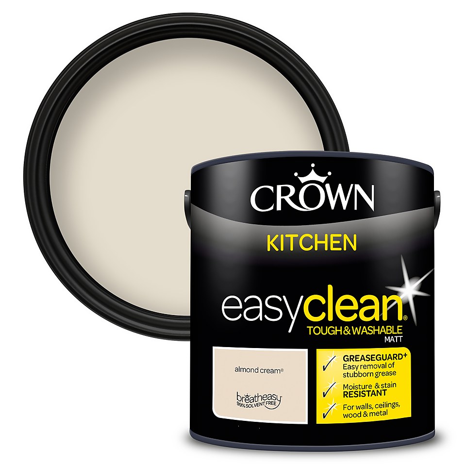 Crown Easyclean Greaseguard+ Kitchen Matt Washable Multi Surface Paint Almond Cream - 2.5L