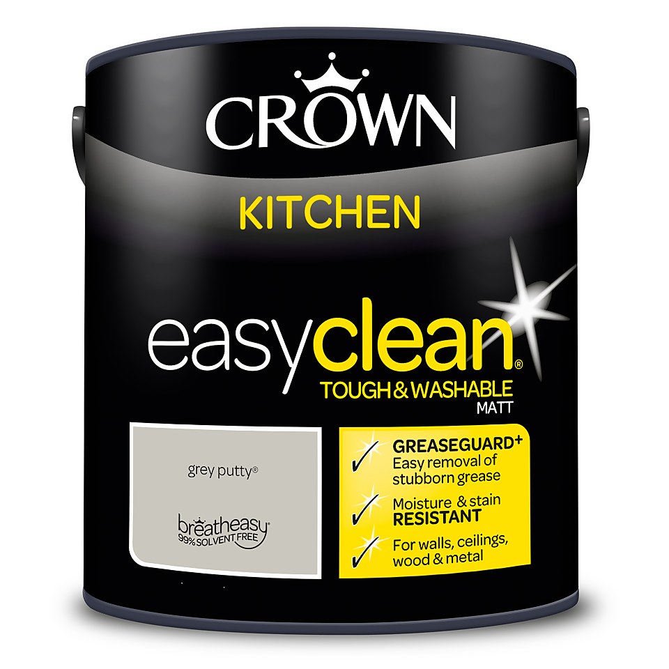 Crown Easyclean Greaseguard+ Kitchen Matt Washable Multi Surface Paint Grey Putty - 2.5 L