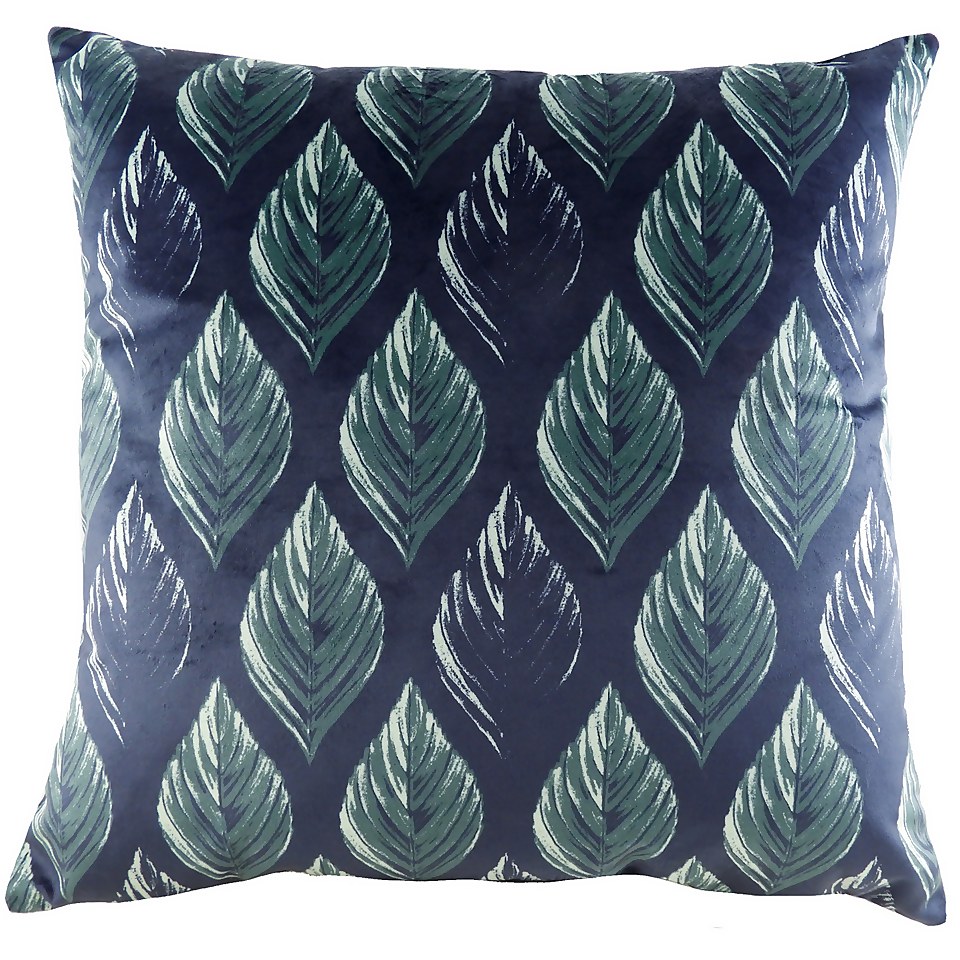 Velvet Leaf Print Cushion - Royal Blue
