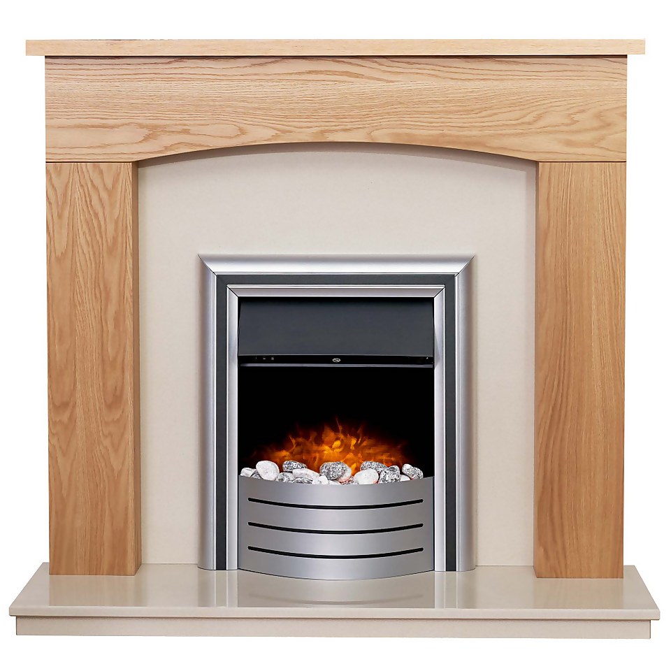 Adam Bretton Fireplace Surround & Lynx Electric Fire with Flat to Wall Fitting - Oak, Beige Marble & Chrome