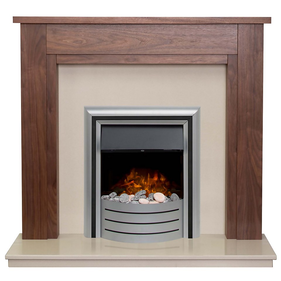 Adam Sudbury Fireplace Surround & Lynx Electric Fire with Downlights & Inset Fitting - Walnut, Beige Marble & Chrome