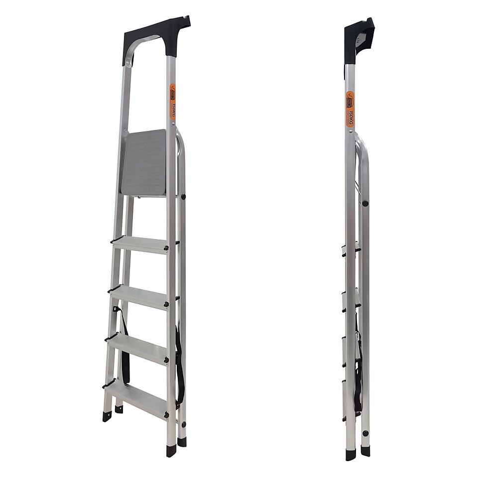 Rhino Lightweight Aluminium Step Ladder with Tool Tray - 5 Tread