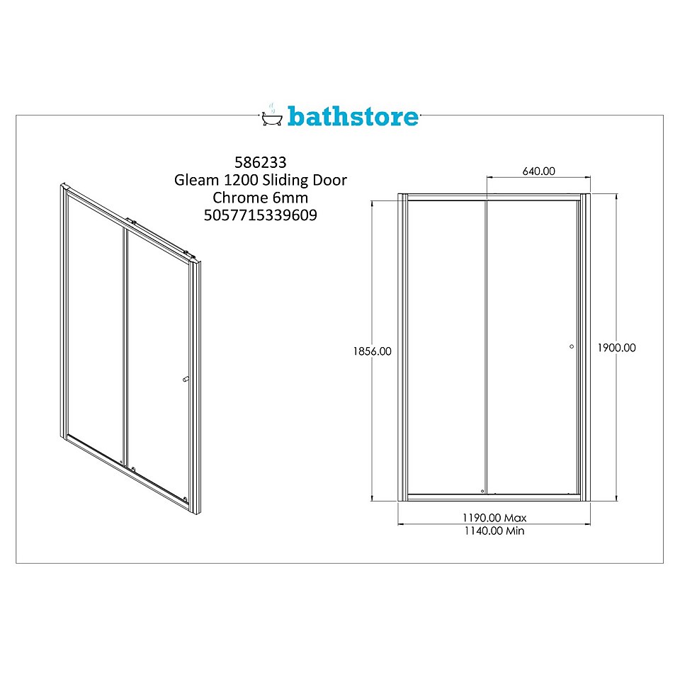 Bathstore Gleam Sliding Shower Door - 1200mm (6mm Glass)