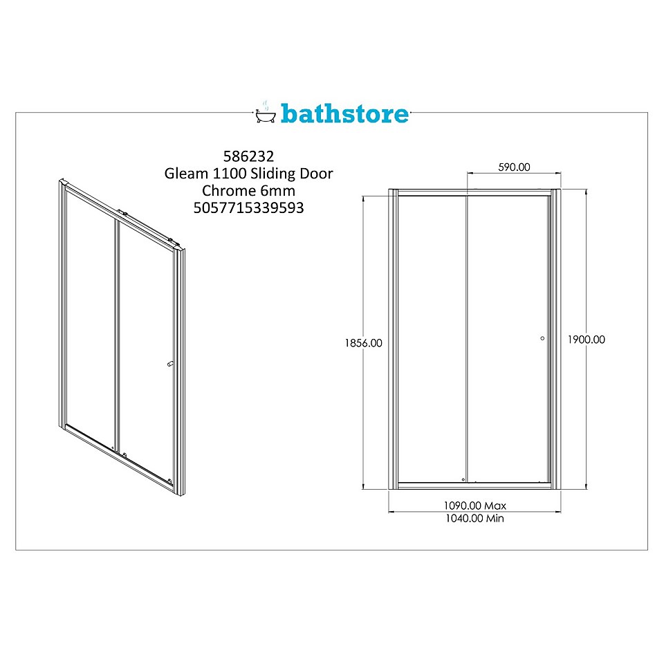 Bathstore Gleam Sliding Shower Door - 1100mm (6mm Glass)