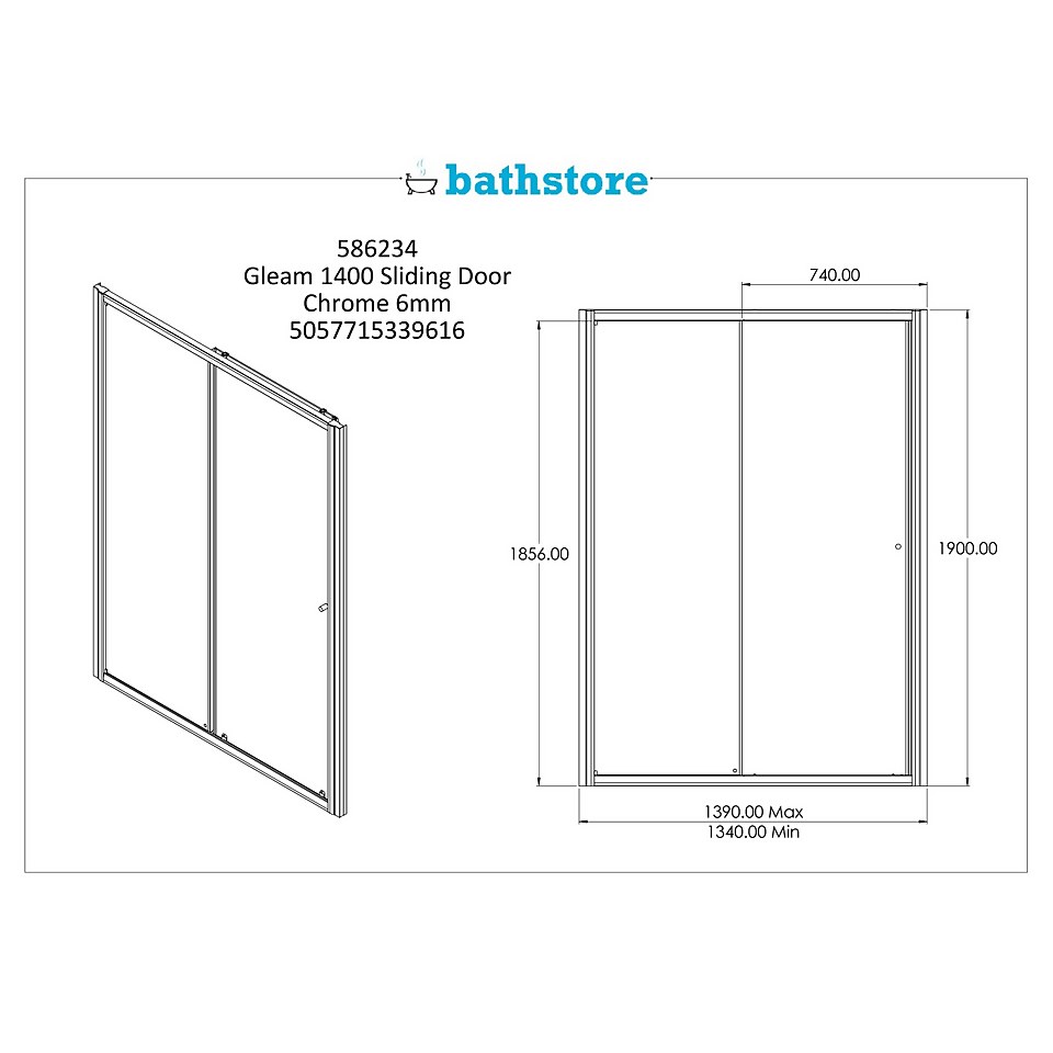 Bathstore Gleam Sliding Shower Door -  1400mm (6mm Glass)