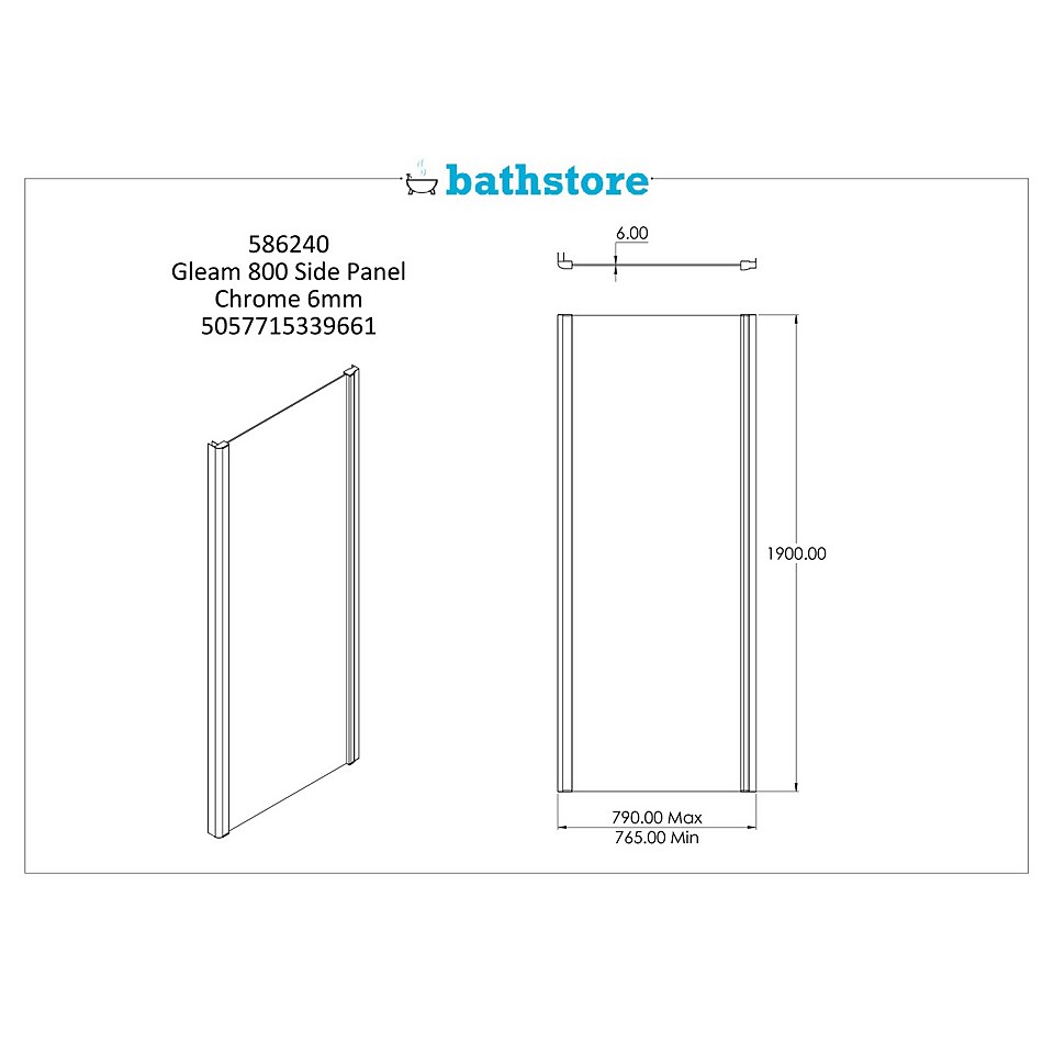 Bathstore Gleam Shower Enclosure Side Panel - 800mm (6mm Glass)