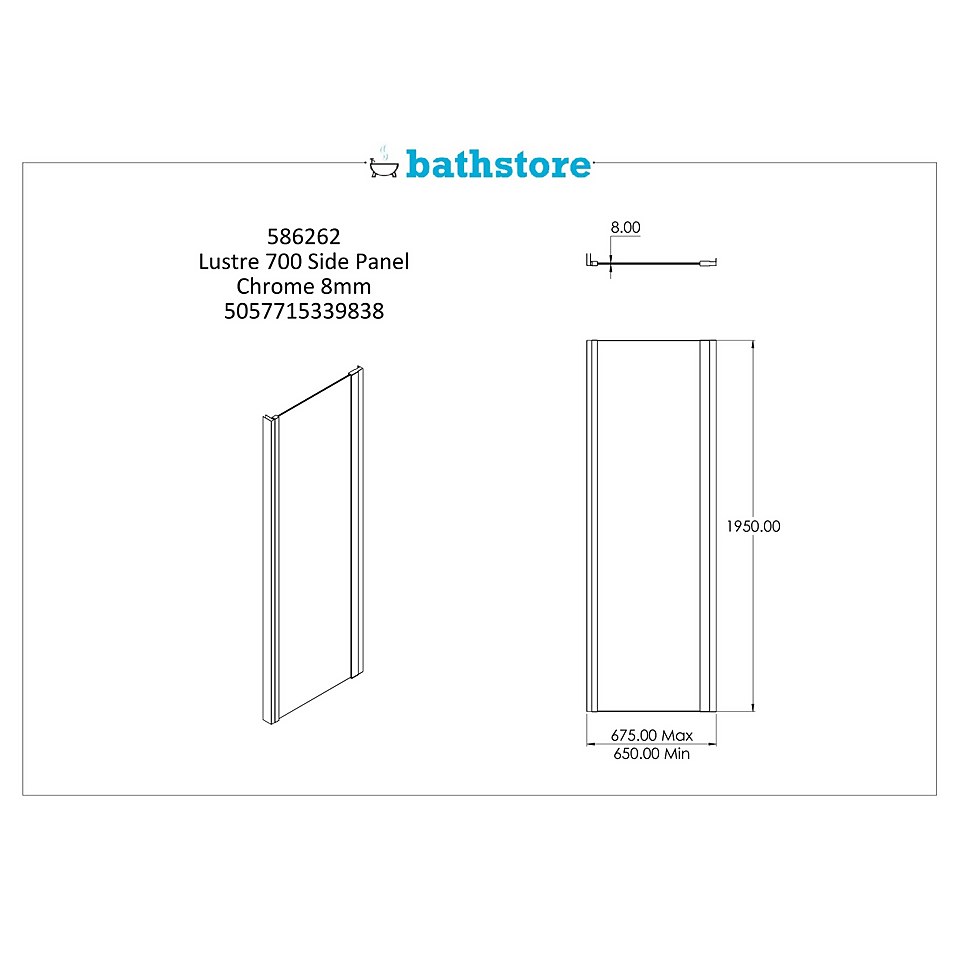 Bathstore Lustre Shower Enclosure Side Panel - 700mm (8mm Glass)