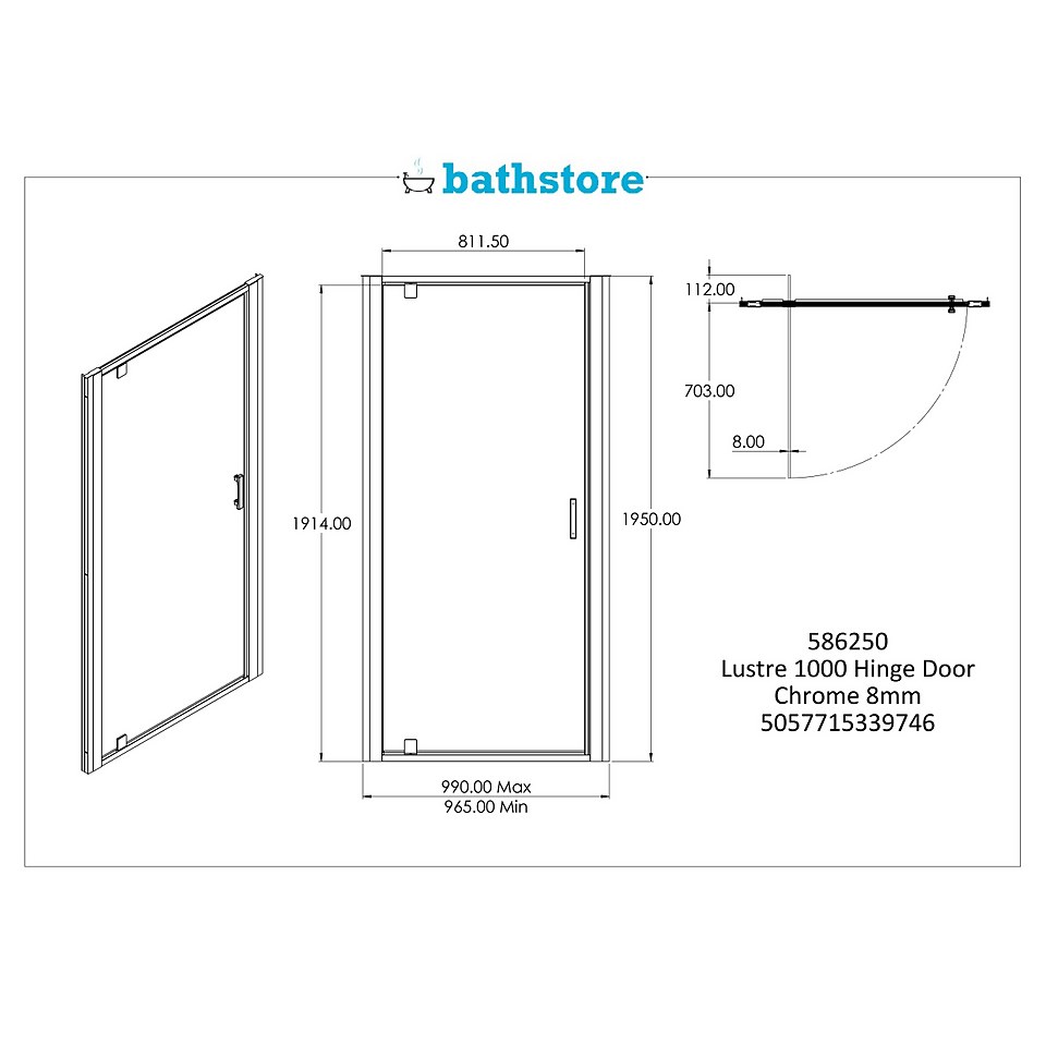 Bathstore Lustre Hinged Shower Door - 1000mm (8mm Glass)