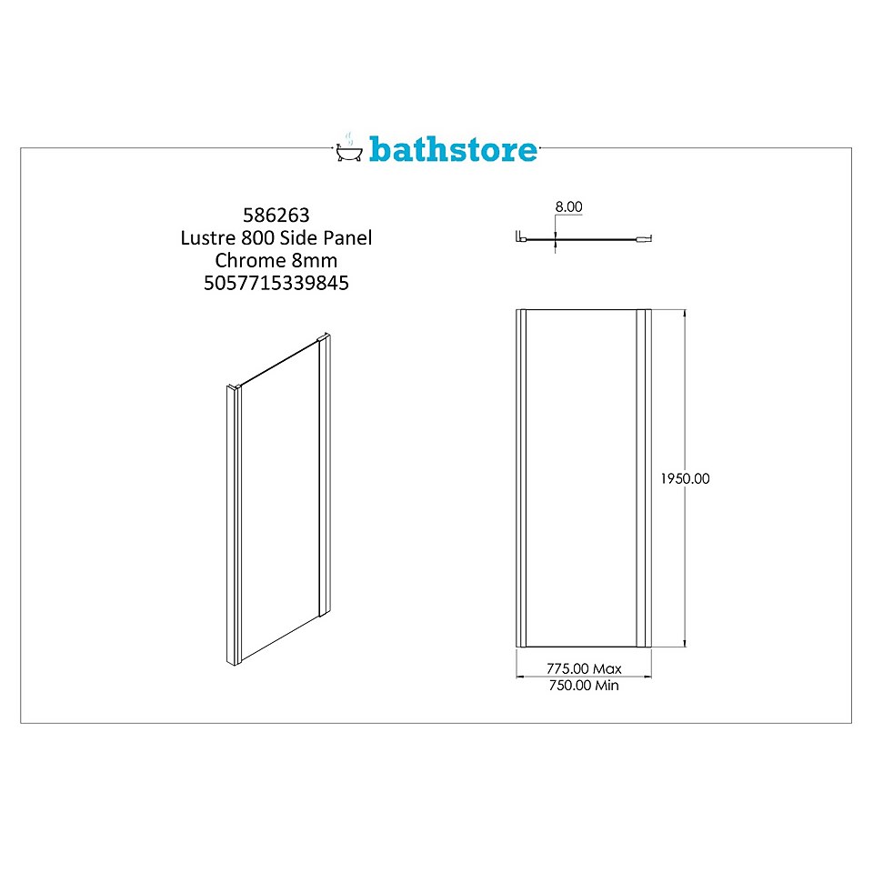 Bathstore Lustre Shower Enclosure Side Panel - 800mm (8mm Glass)
