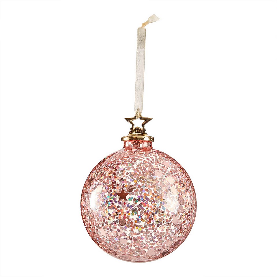 Pink Holographic Glitter Christmas Tree Bauble with Star Cap