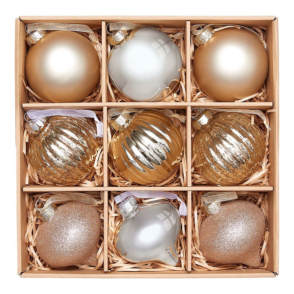 Gold Glass Christmas Tree Baubles - 9 Pack