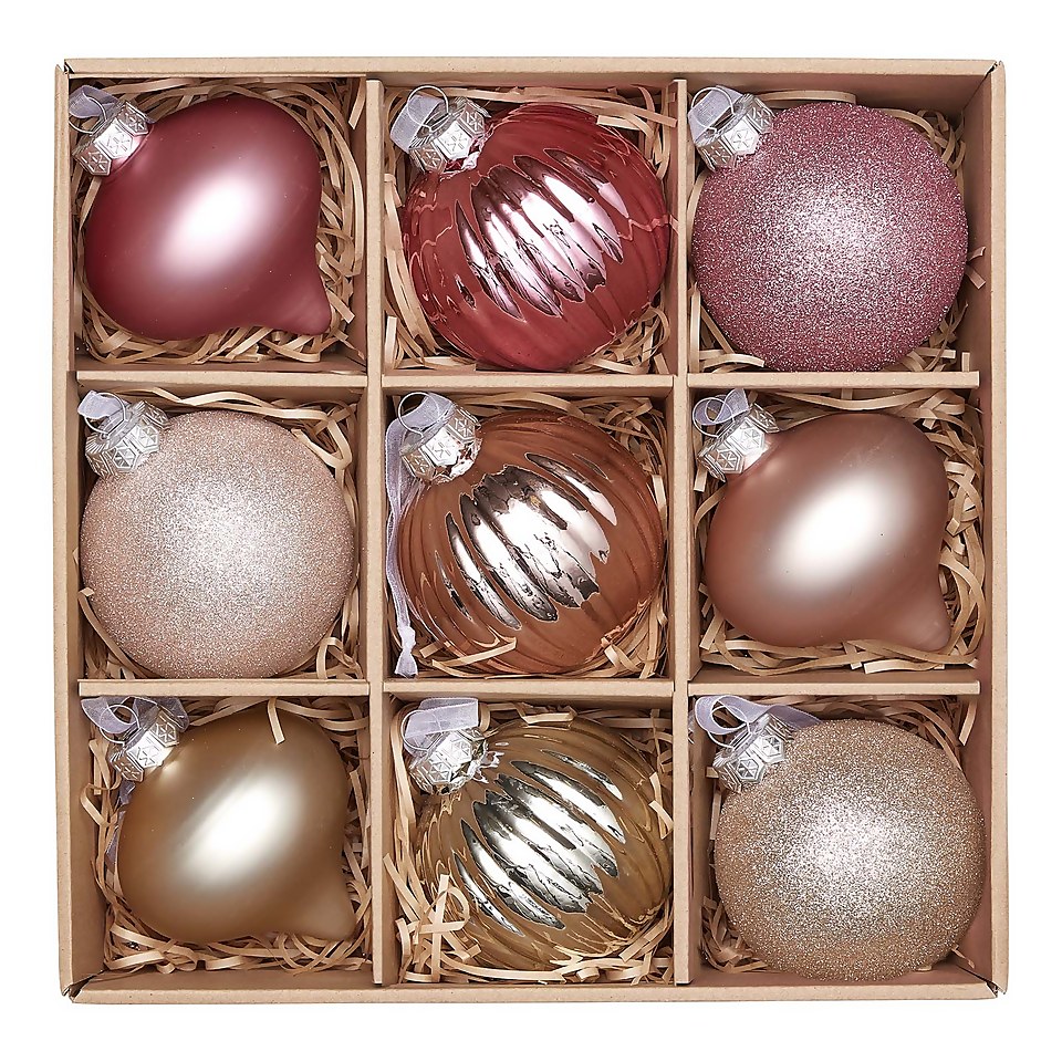 Snow Blossom Glass Christmas Tree Baubles - 9 Pack