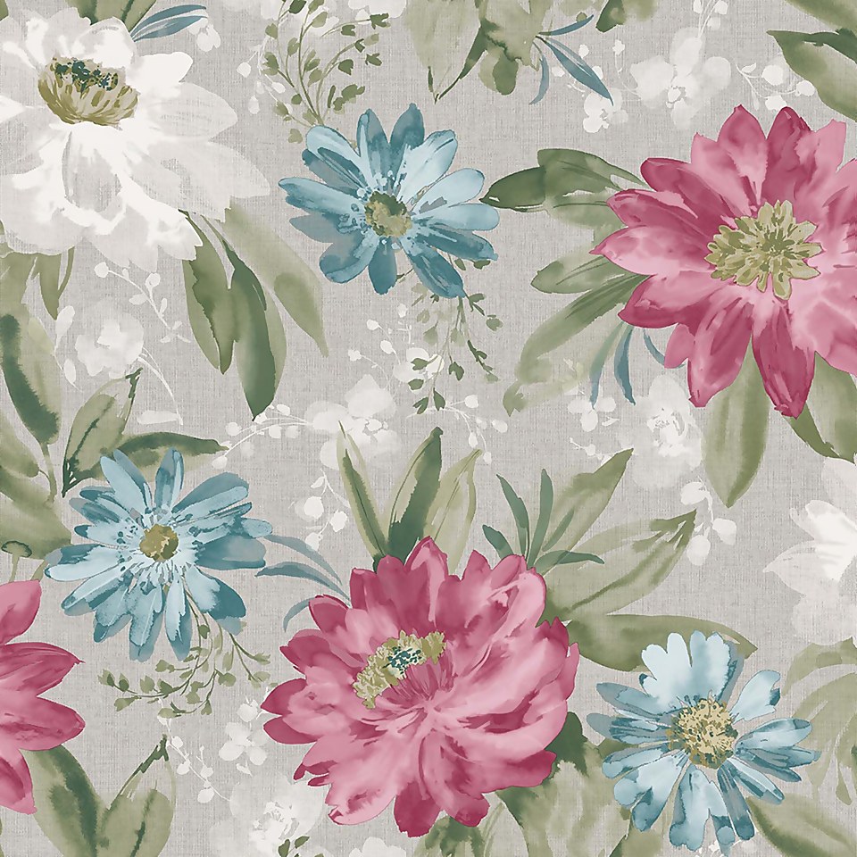 Arthouse Painted Dahlia Floral Smooth Raspberry Multi Coloured Wallpaper