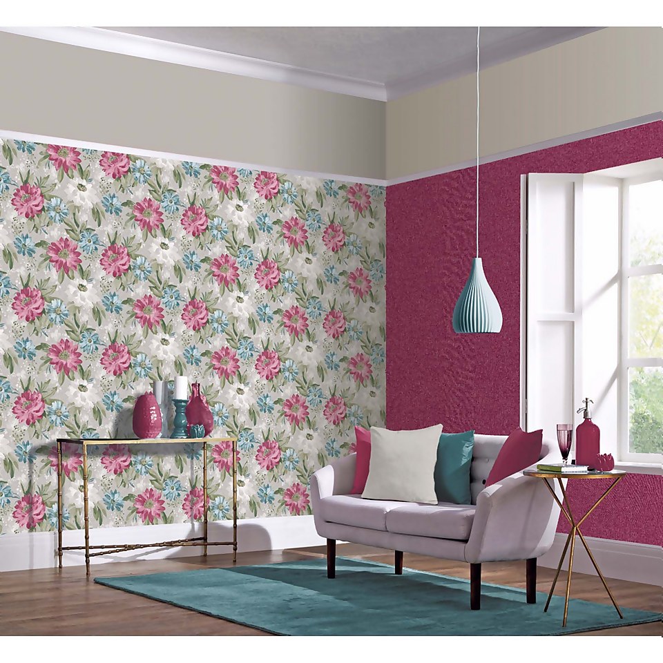 Arthouse Painted Dahlia Floral Smooth Raspberry Multi Coloured Wallpaper